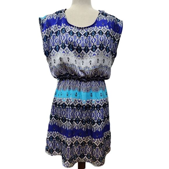 Forever 21 Bohemian Sleeveless Dress Elastic Waist Blue Print Size L Made in USA - Picture 10 of 10